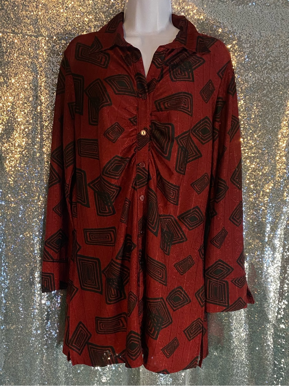 ❤️MKM Abstract Rust & Black Tunic Blouse-Vintage-Inspired Layering Piece-XL